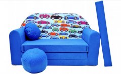 Detská modrá rozkladacia pohovka s farebnými autami 98 x 170 cm