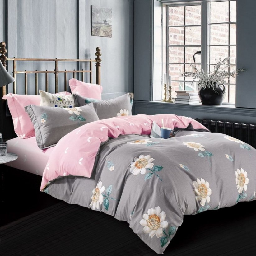 Šedo ružové obojstranné posteľné obliečky s margarétkami