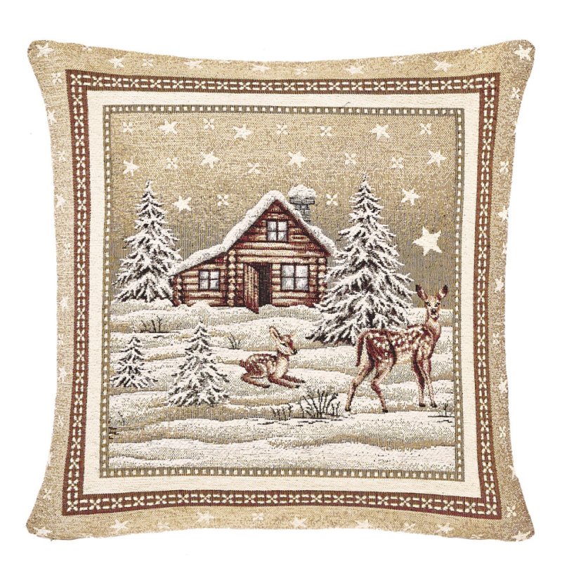Vianočná gobelínová obliečka na vankúš Zasnežená krajinka – béžová