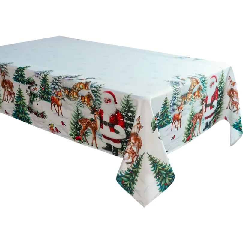 Vianočný obrus – biely so vzorom Santa Clausa, sobov a zimnej krajiny