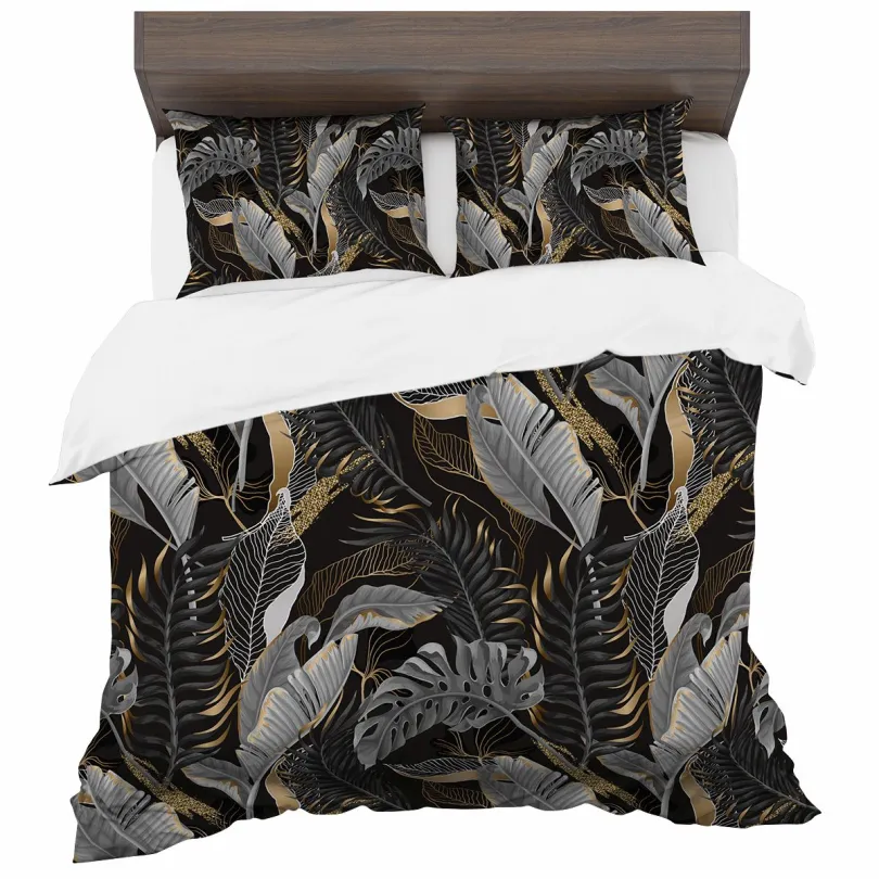 Povlečení ze syntetické bavlny s tropickými listy – černé