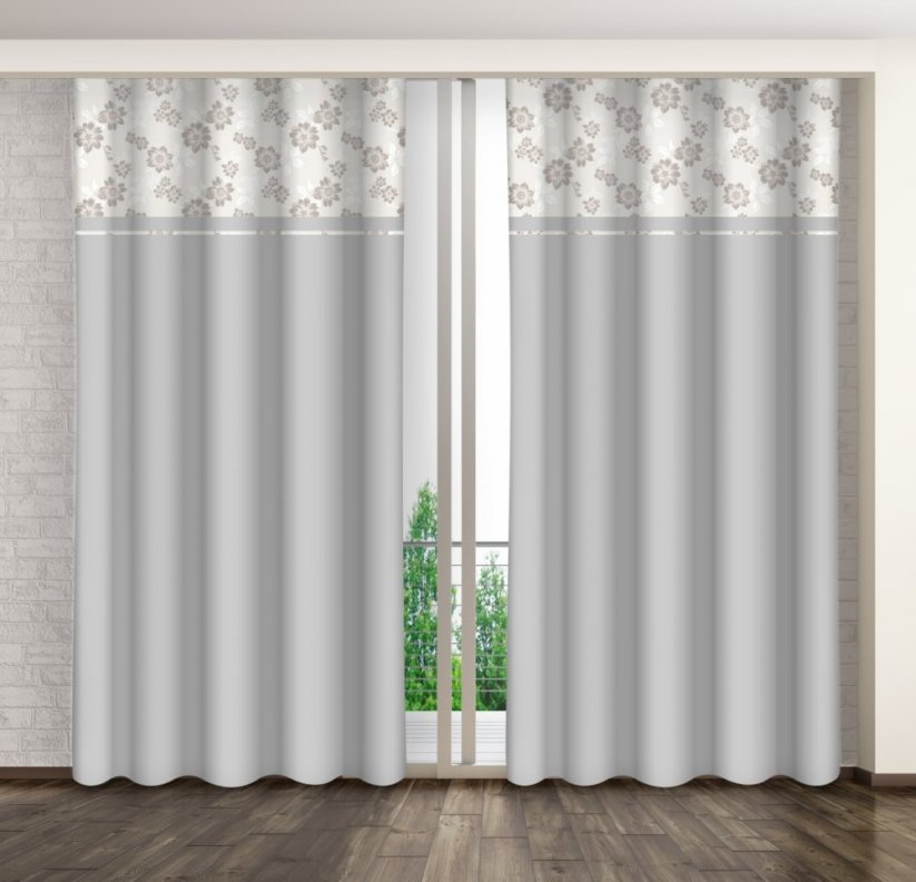 Svetlo siva dekorativna zavesa s tiskom bež cvetja