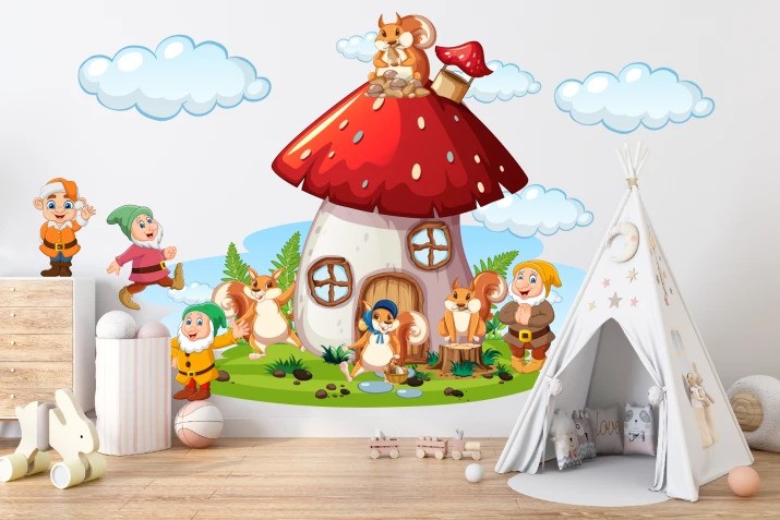 Nálepka na stenu pre deti krajina trpaslíkov 