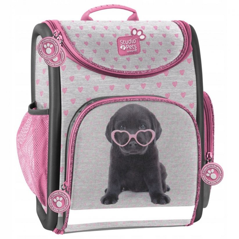 Trojdielna školská taška pre dievčatá so psom so srdiečkovými okuliarmi