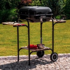 Kerti grill állítható magasságú ráccsal és fa polcokkal