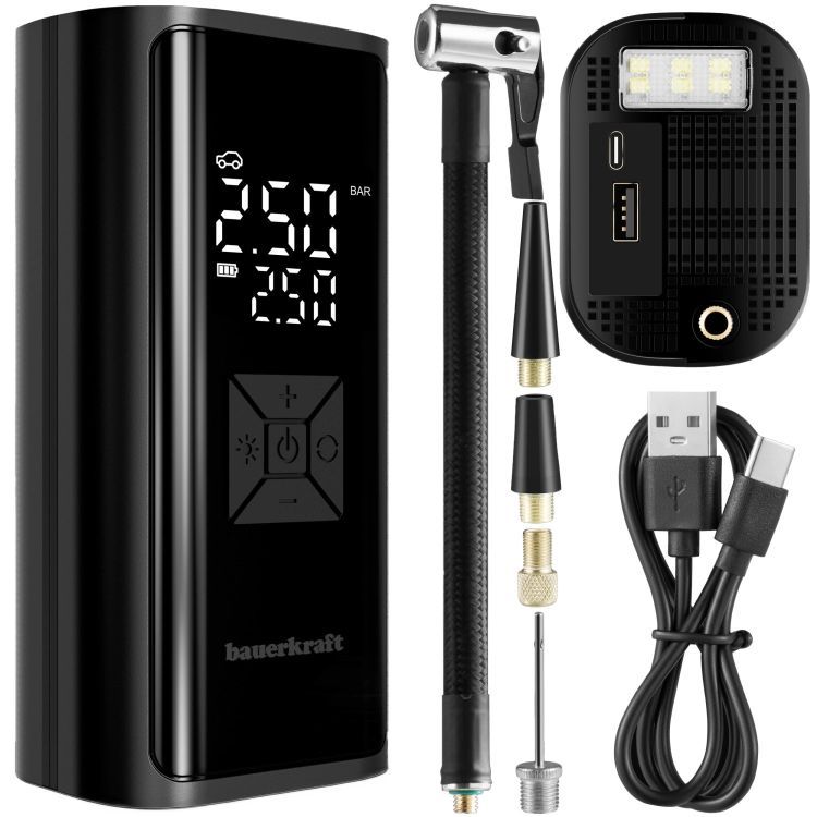Elektromos kompresszoros szivattyú autóhoz, kerékpárhoz és motorkerékpárhoz kijelzővel és LED-del