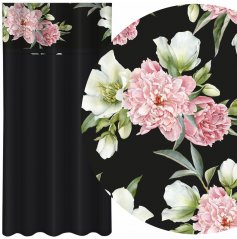 Jednostavna crna zavjesa s printom ružičastih i bijelih božura