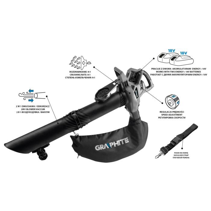 Zahradní vysavač Energy+ 36V Li-lon, 2v1, objem sáčku 35 l, bez baterie 58G036 GRAPHITE