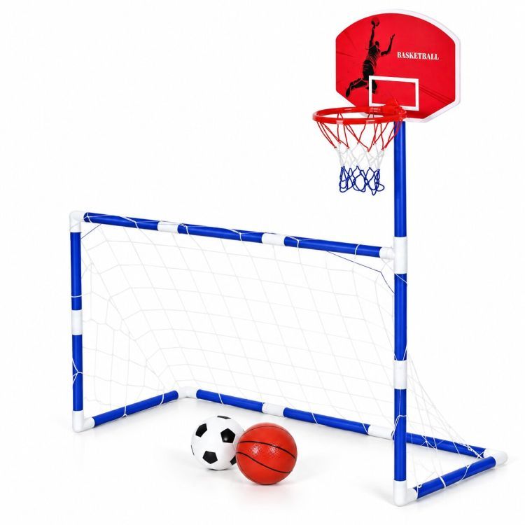 Detská športová súprava 2 v 1 – futbalová bránka a basketbalový kôš s loptami