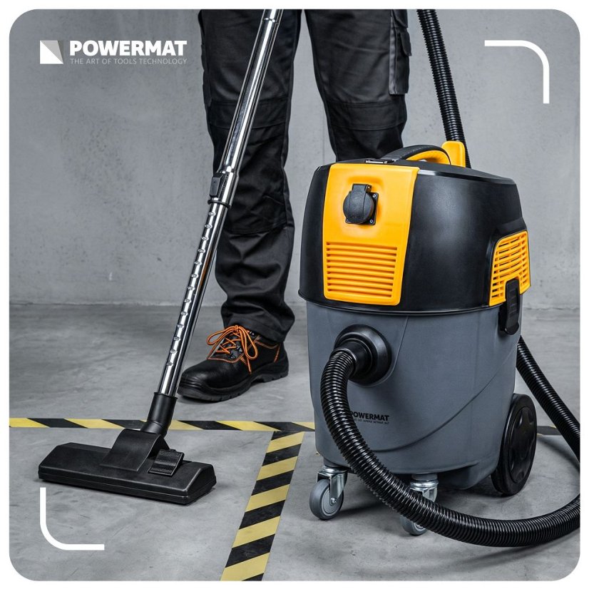 Priemyselný vysávač 1600 W bezvreckový 30 l s HEPA filtrom a zásuvkou na náradie Powermat PM-OD-1600T-PRO