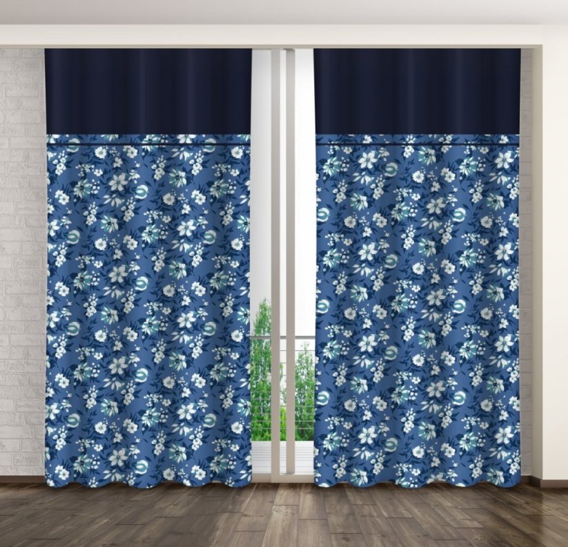 Синя завеса с бели и сини цветя и тъмносин кант - Pазмер: Ширина: 160 см | Дължина: 270 см