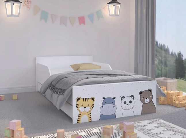 Biela detská posteľ s motívom farebných zvieratiek 180 x 90 cm