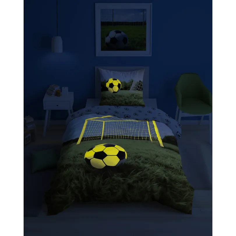 Bavlnené posteľné obliečky svietiace v tme - motív futbalovej lopty