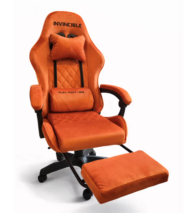 Oranžová herní židle se sametovým čalouněním a výsuvnou opěrkou nohou