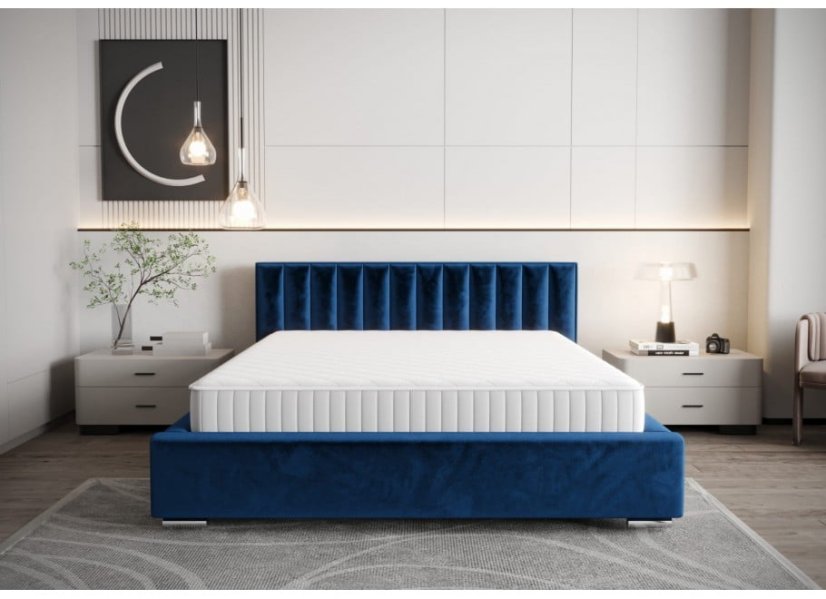 Moderná čalúnená posteľ s vertikálnym prešívaním na čele v modrej farbe 180 x 200 cm Moderná čalúnená posteľ s vertikálnym prešívaním na čele v modrej farbe 180 x 200 cm