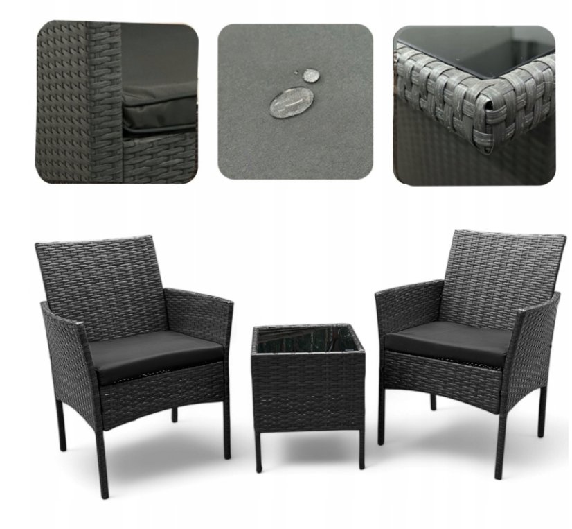 Ratanová súprava so stolíkom a 2 kreslami - sivá + antracitové vankúše