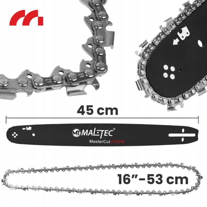 Sada 16″ (45 cm) vodiacej lišty a 2 reťazí pre benzínovú motorovú pílu MalTec MasterCut5700W