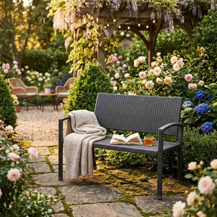 2 személyes műrattan kerti pad – 122 x 58 x 87 cm - Színek: fekete