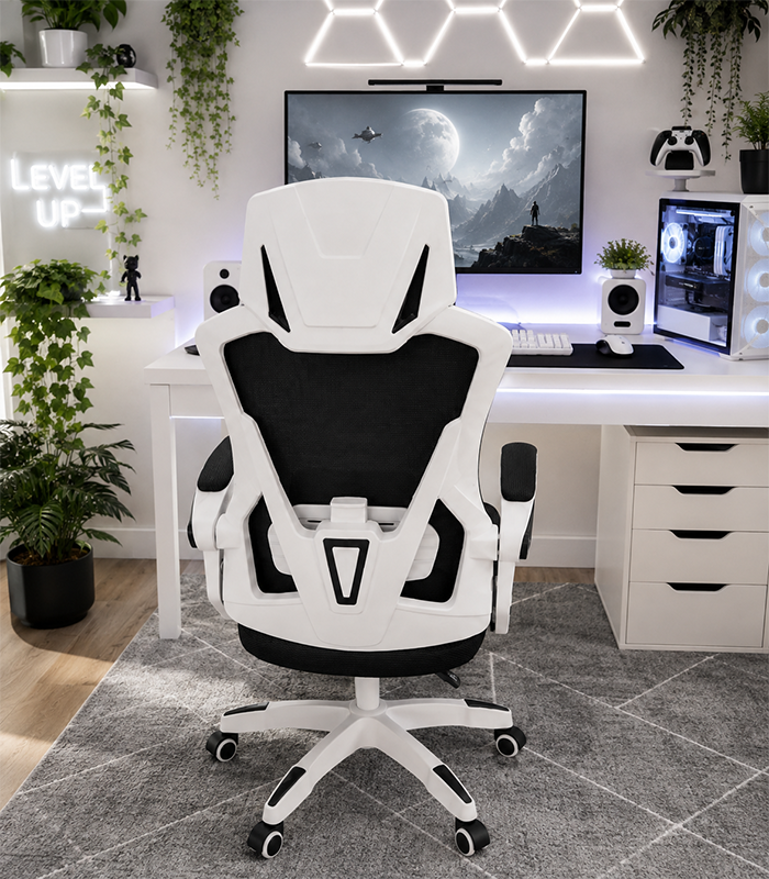 Ergonomické kancelárske kreslo s opierkou hlavy a sieťovaným operadlom čierne s bielou konštrukciou