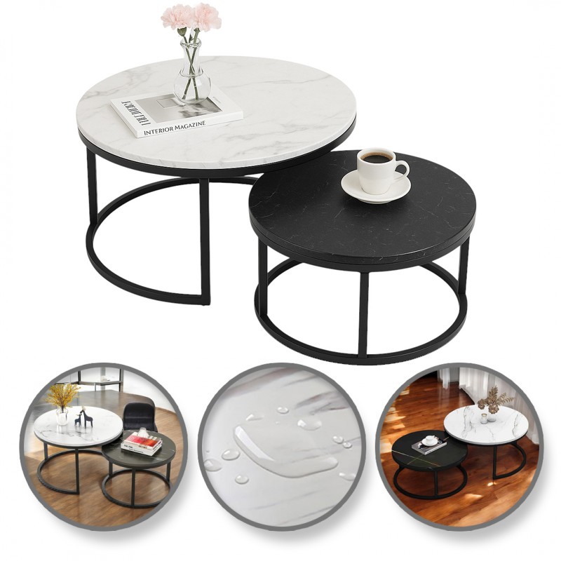 2 kerek dohányzóasztal készlet - fehér és fekete márvány