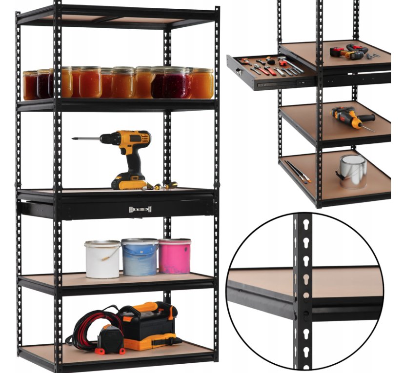 Kovový regál s 5 policemi a zásuvkou - 180 x 90 x 60 cm