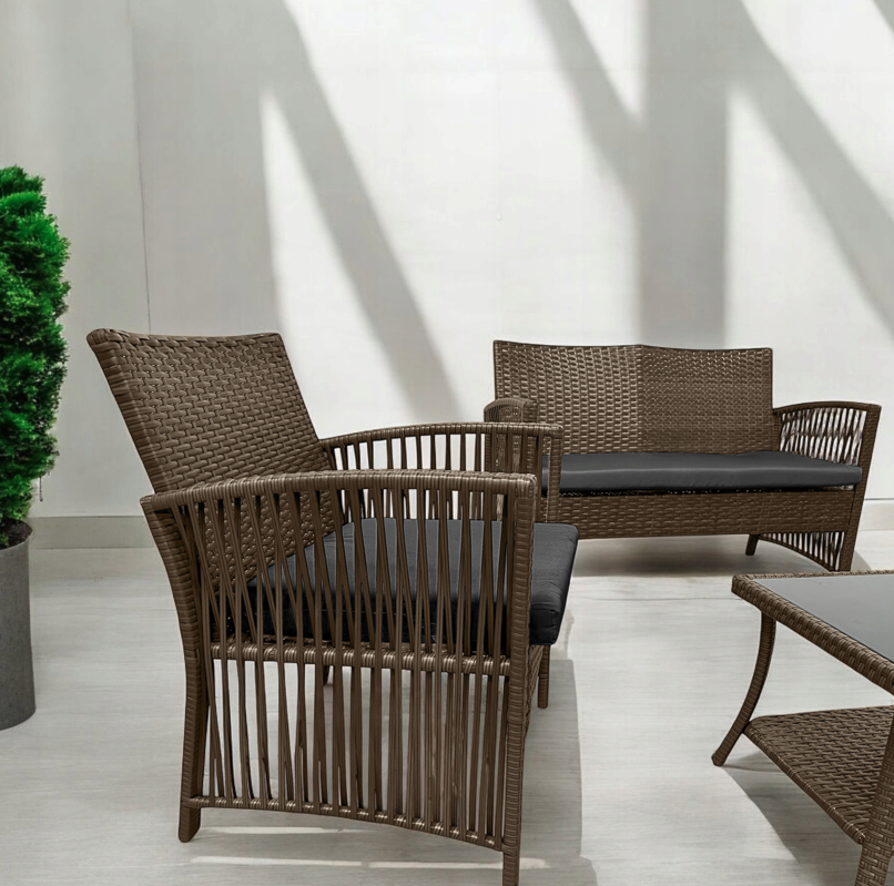 Záhradný set NM-02 z kvalitného technoratanu - hnedý + sivé vankúše