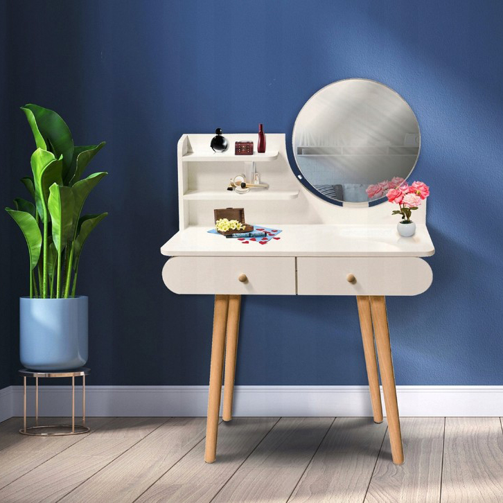 Biely škandinávsky toaletný stolík so zrkadlom 80x40x120 cm – 2 zásuvky