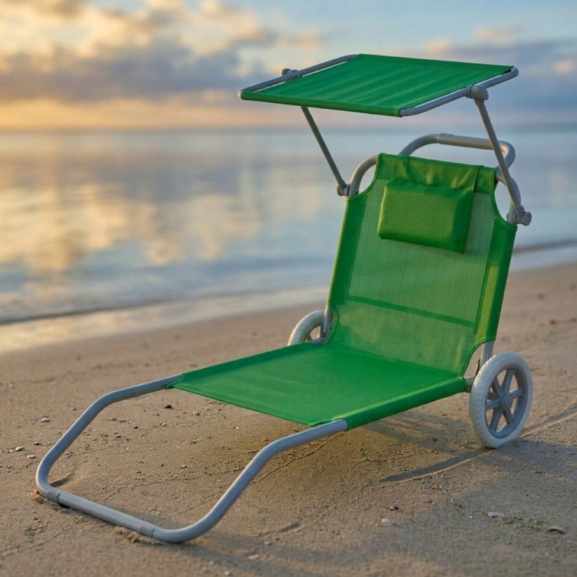 Plážové ležadlo 2v1 s kolieskami a strieškou – skladacie lehátko s vozíkom a vankúšom