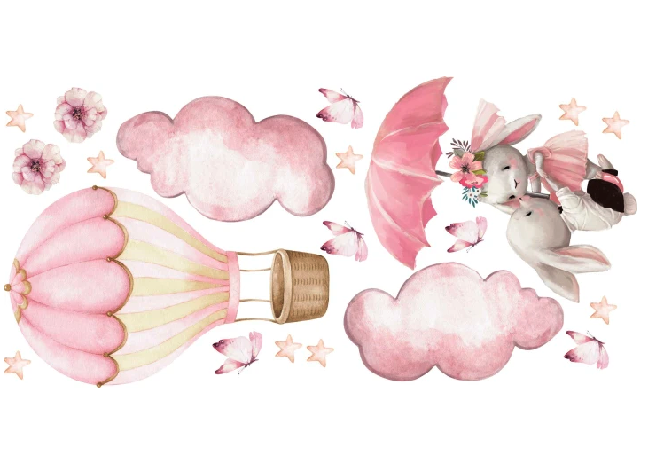 Detské nálepky na stenu – pastelové králiky, balóny a motýle