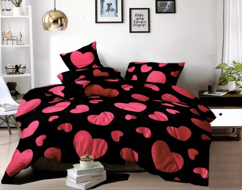 Красиво спално бельо от микрофибър в черно с красиви сърца - Размер: 3 части: 1бр 160 cmx200 + 2бр 70 cmx80