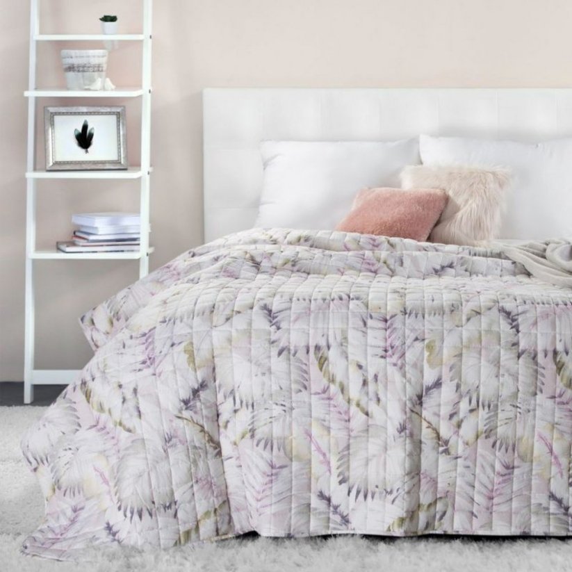 Cuvertură de pat dublă elegantă, design matlasat și frunze pastelate