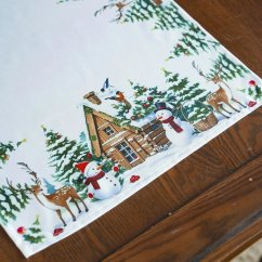 Elegantný biely vianočný obrus so zimnou krajinou – dostupný vo viacerých rozmeroch