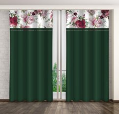 Schlichte dunkelgrüne Gardine mit rosa und burgunderroten Pfingstrosen bedruckt