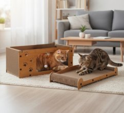 Macska kaparófa házzal, elegáns fa dekorációban