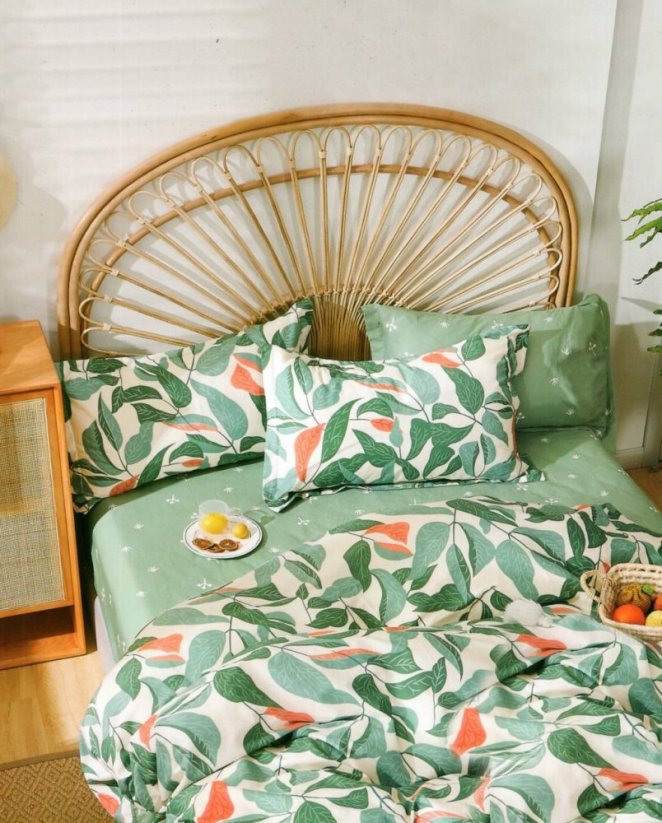 Lenjerie de pat elegantă din bumbac verde, cu motiv de frunze