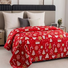 Vianočný prehoz na posteľ, červený, s motívom vianočného pečiva