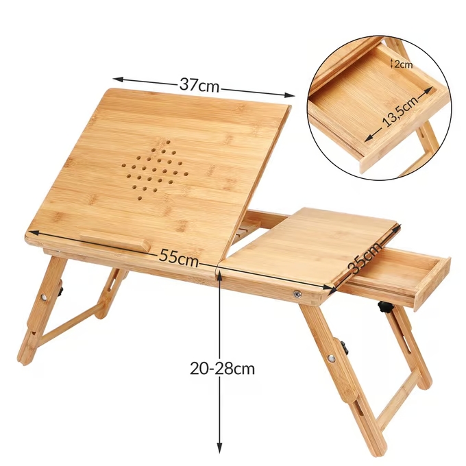 Bambusz laptop asztal szellőzőnyílásokkal és fiókkal 55 x 28 x 35 cm