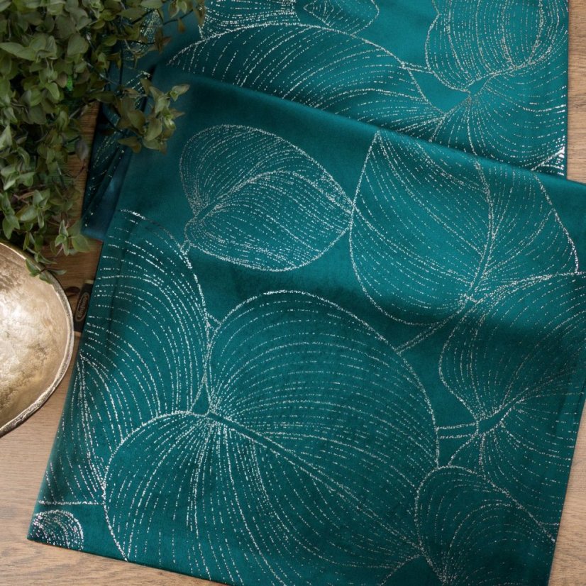 Zamatový stredový obrus s lesklou potlačou listov tyrkysovej farby