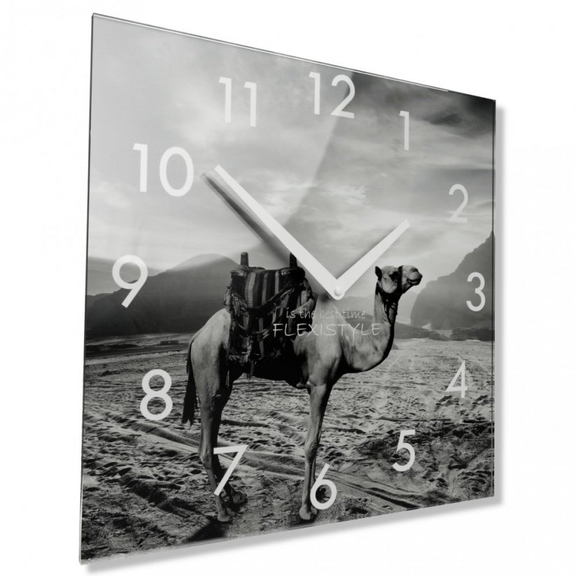 Dekoračné čierno biele sklenené hodiny 30 cm s motívom ťavy