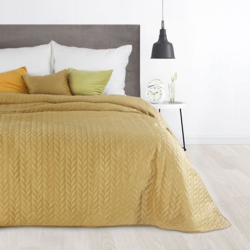 Luxusný velúrový prehoz na posteľ horčicovo žltej farby