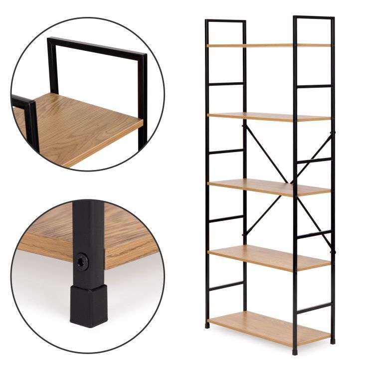 Drevený regál s kovovým rámom a s 5 policami