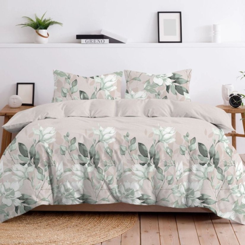 Prémiové bavlněné ložní prádlo - béžové se zelenými květy