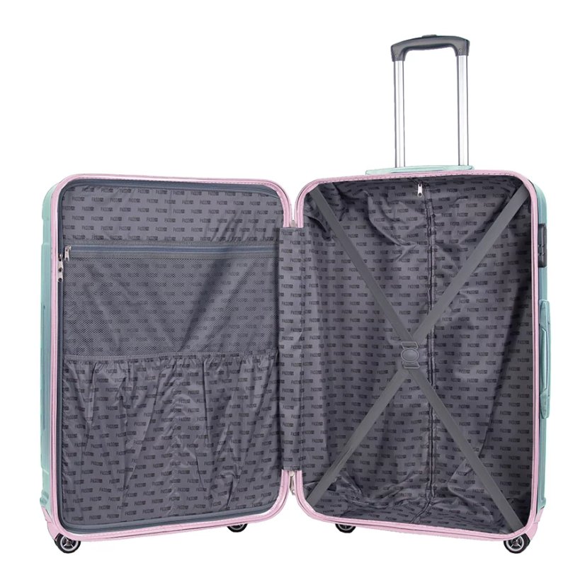 Grande valigia da viaggio verde con dettagli rosa