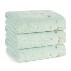 Bombažna brisača v zeleni barvi z velurnim robom in cvetlično vezenino