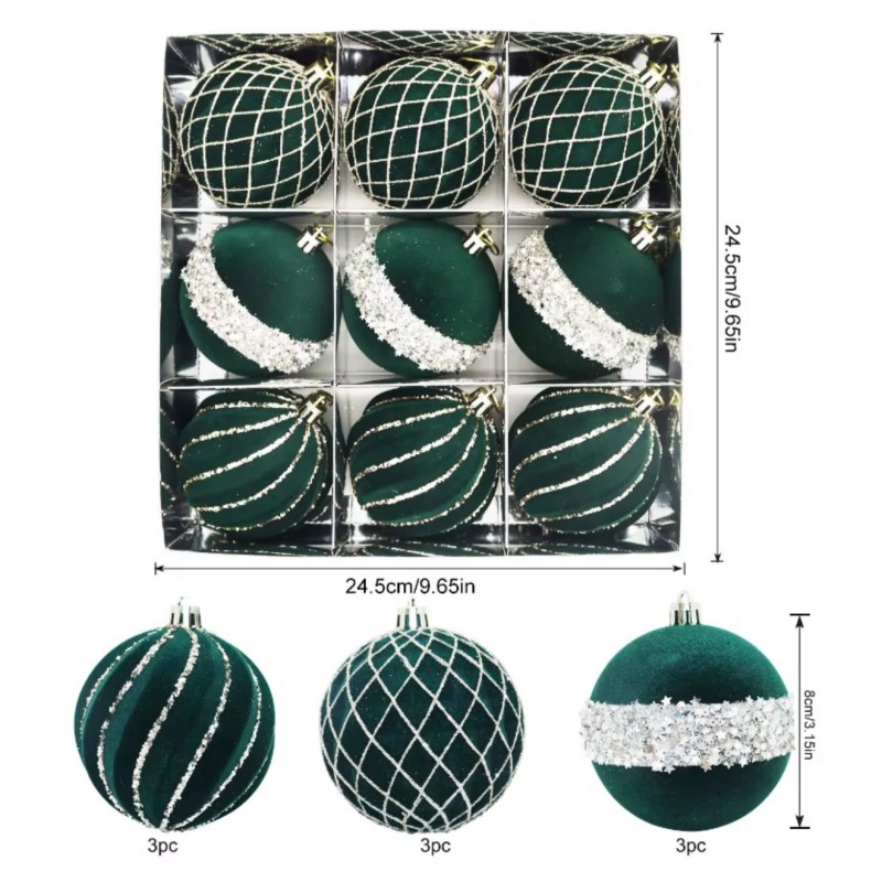 Súprava 9 zamatových vianočných gúľ v trendovej smaragdovej farbe