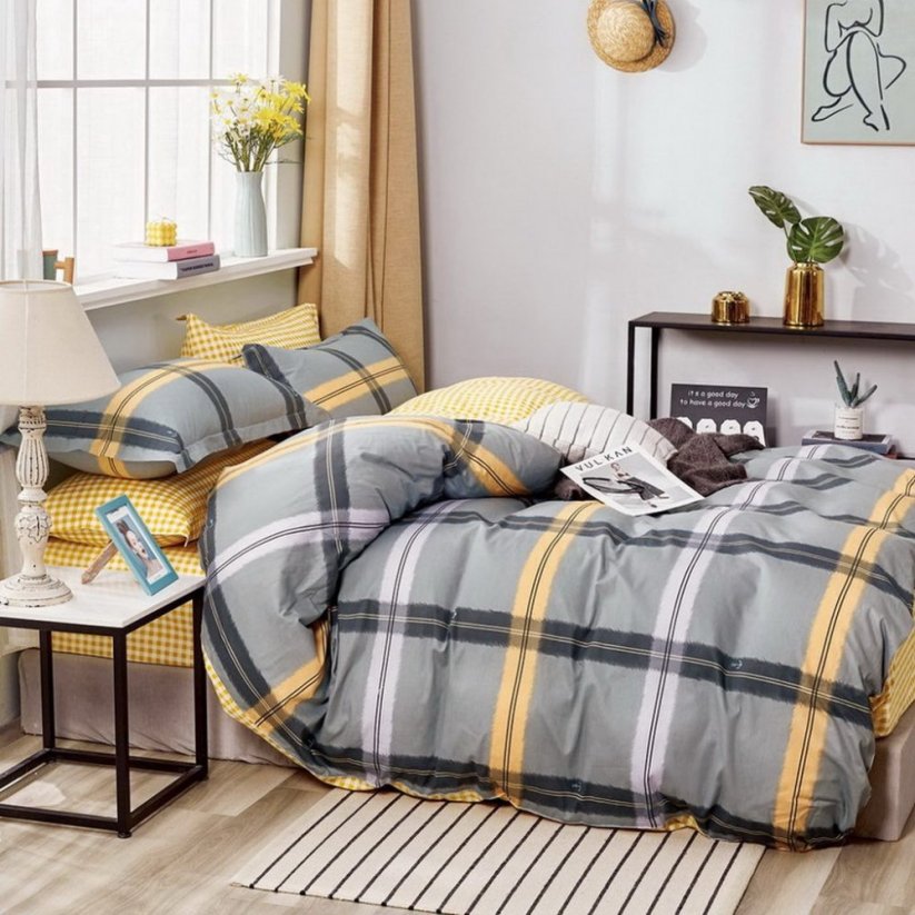 Lenjerie de pat calitativă, de culoare gri-galben, cu motiv geometric
