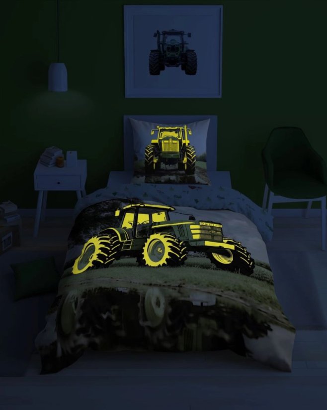 Lenjerie de pat pentru copii 100% bumbac - Tractor - strălucește în întuneric