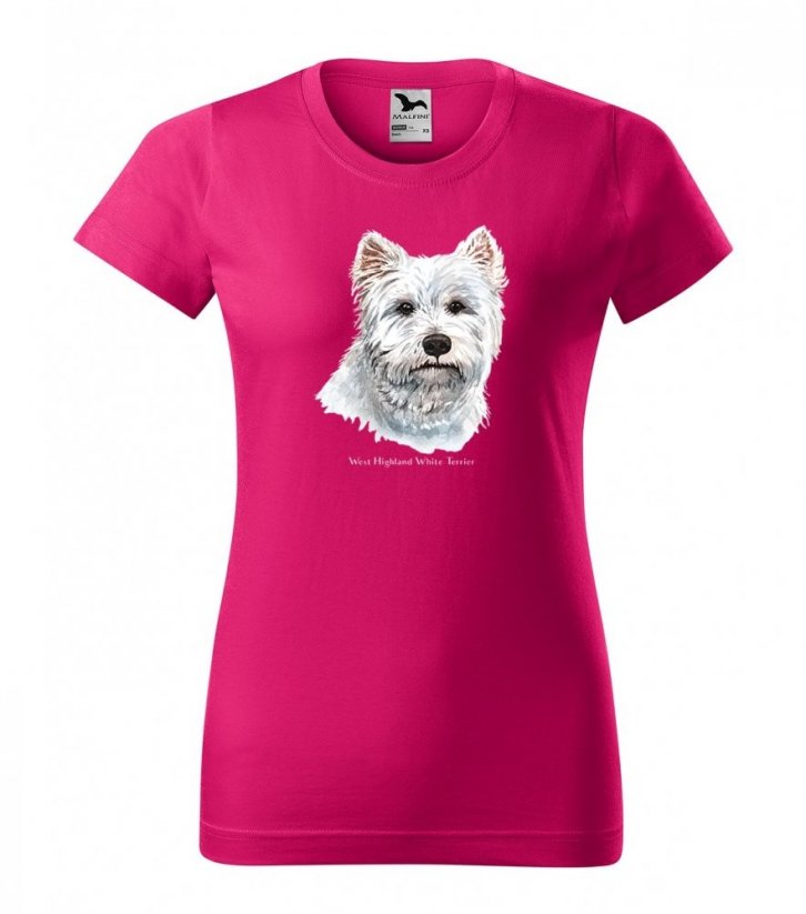 Bavlnené tričko dámske s originálnou potlačou West Highland Terrier - Farba: Ružová, Veľkosť: L