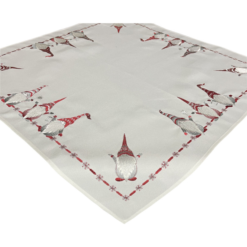 Bijeli božićni stolnjak s crvenim vezom vilenjaka