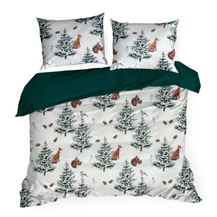 Коледни чаршафи от микрофибър - бяло-зелени с горски животни